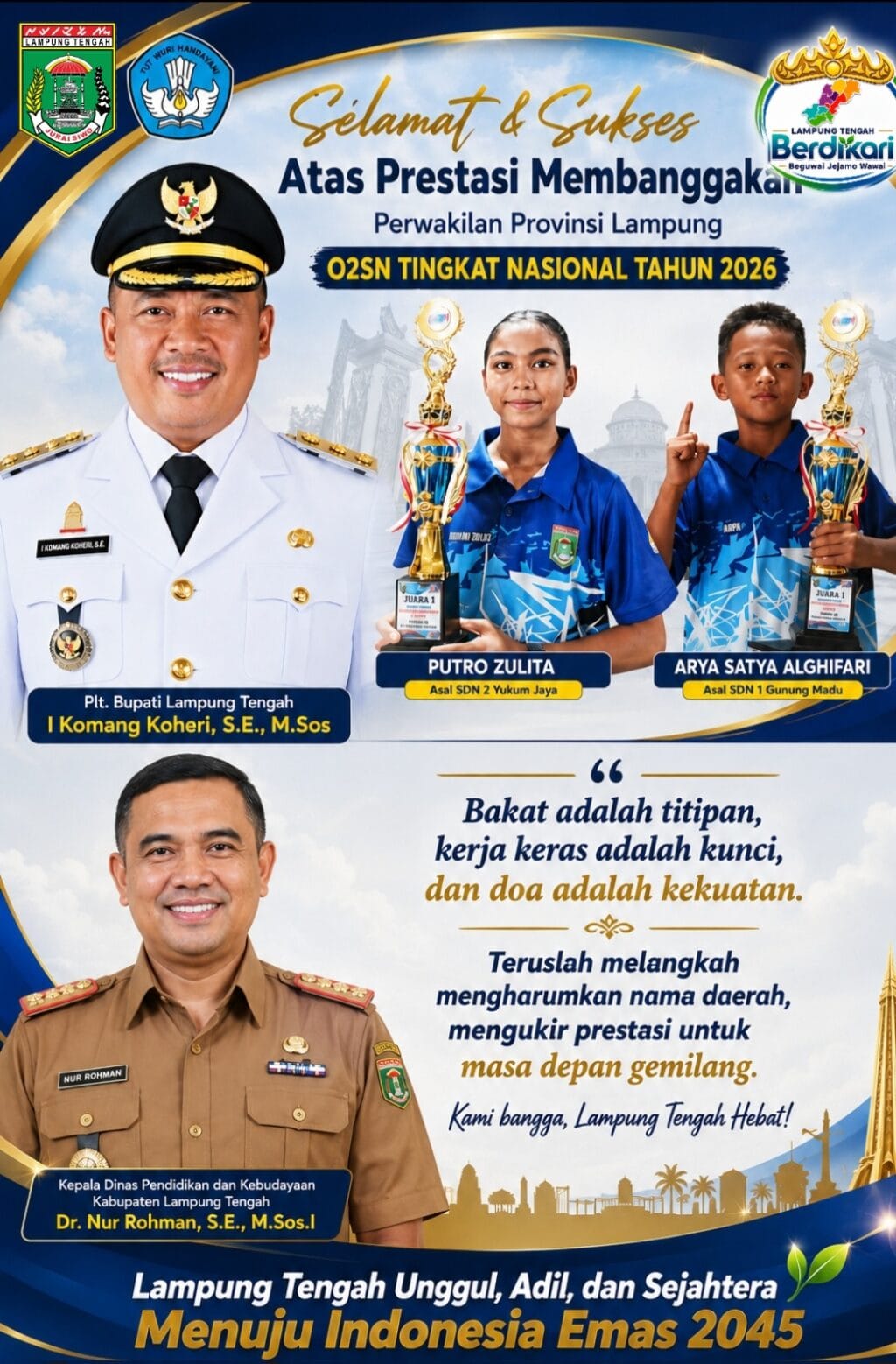 Dua Siswa Lampung Tengah Lolos O2SN Nasional Tahun 2026, Nur Rohman: Prestasi yang Membanggakan